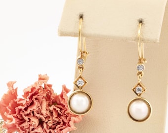 Vintage 14k Yellow Gold Pearl Dangle Earrings with Clear Spinel Accents