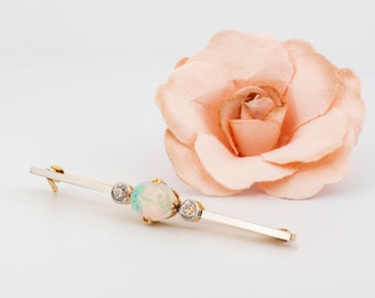 Antique Art Deco 15ct Yellow Gold Opal Diamond Brooch: October Birthstone