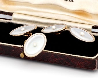 Vintage Art Deco 14k Gold Cufflinks: Mother-of-Pearl & Seed Pearl