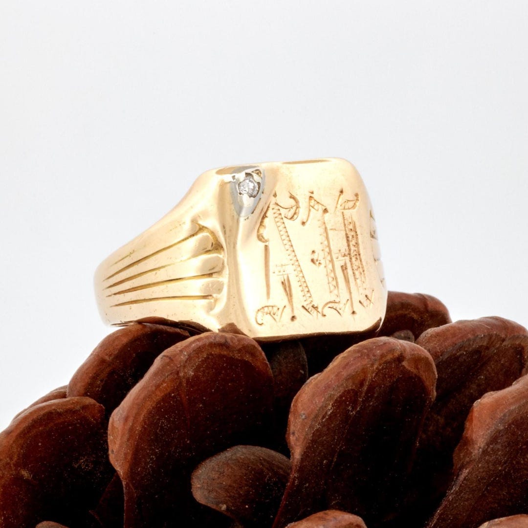 Vintage 10k Gold Diamond Signet Ring Engraved “AH”, Made in Canada C ...