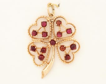 Vintage 9k Gold Four-Leaf Clover Pendant with Glass Beads, 1970s London, England