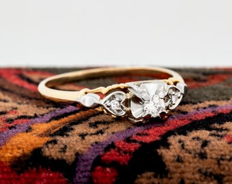 Vintage 14k & 18k Gold Diamond Promise Ring: Heart Detail, c.1960s