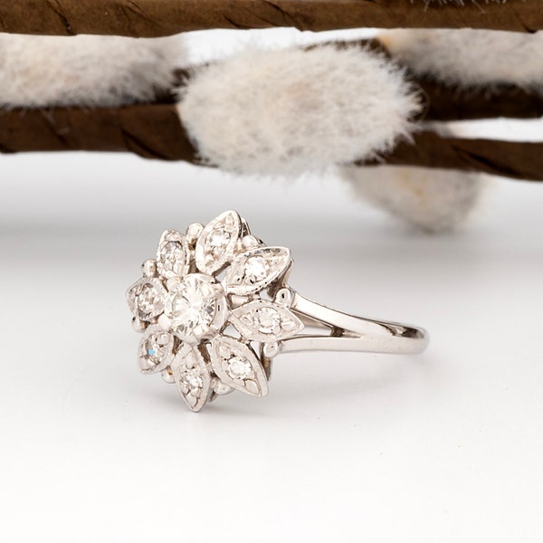 Vintage Mid-Century 14k White Gold Diamond Floral Cluster Ring, Circa 1960s, Statement Promise Ring with Flower Design & Milgrain Detailing