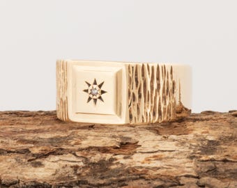 Vintage 9k Gold Rough Cut Diamond Signet Ring: Birmingham, England 1960s