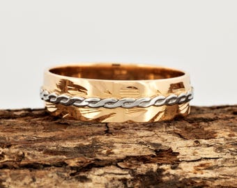 Vintage 18k Two-Tone Gold Band with Braided Design, Made in Italy