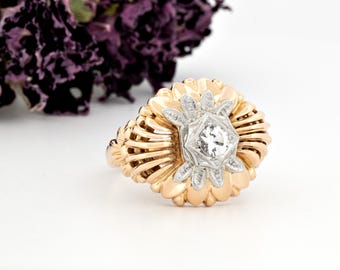 Vintage 18k Two-Tone Clear Quartz Ring, Art Deco-Revival Statement Ring