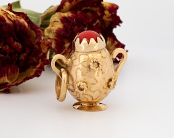Vintage 18k Gold Jug Charm: Italian Ornate Pendant with Red Stone