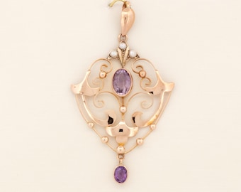 Antique Art Nouveau Amethyst & Seed Pearl 9ct Rose Gold Pendant