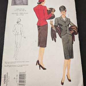 May include: Vintage Vogue sewing pattern from 1944, with illustrations of women's suits and dresses. The pattern includes a red jacket and skirt ensemble, and a grey suit with fur accents. The pattern number is V2885.