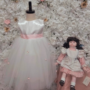 May include: A white tulle dress with a pink satin bodice and a pink satin sash. The dress is decorated with small pink flowers. A porcelain doll wearing a pink and white dress is sitting on a pink chair in the background.