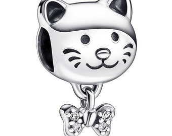 Cat Charm with Bow and Clear Stones Dangle Charm Genuine 925 Sterlings Silver Charm Compatible with Pandora and other European Bracelets