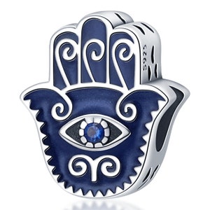 Evil Eye Dangle Hamsa Hand Charm  Blue Stone Blue Hand Genuine 925 Sterlings Silver Charm Compatible with Pandora other European Bracelets