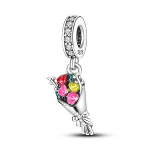 Beautiful Bouquet of Flowers Sparkling Colourful Charm Genuine 925 Sterlings Silver Charm Compatible with Pandora and European Bracelets