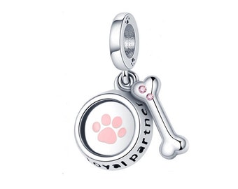 Dog Bowl & Bone Charm Pink Paw Charm Genuine 925 Sterlings Silver Charm Compatible with Pandora Bracelets with Optional Gift Pouch