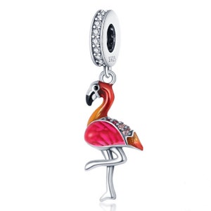 Flamingo Dangle Charm Beautiful Pink & Orange Genuine 925 Sterlings Silver Charm Compatible with Pandora and other European Bracelets