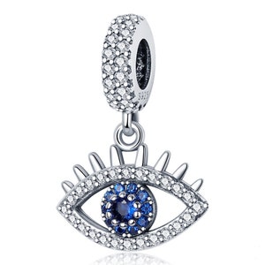 Evil Eye Dangle Charm with Blue & Clear stones Genuine 925 Sterlings Silver Charm Compatible with Pandora other European Bracelets