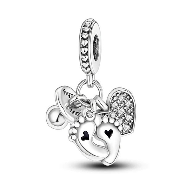 Baby Feet Dummy and Heart Dangle Charm with Clear Stones Genuine 925 Sterlings Silver Charm Compatible with Pandora and  European Bracelets