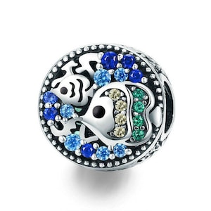 Beautiful Tropical Fish Bead Charm Blue and Green Stones Genuine 925 Sterlings Silver Charm Compatible to Pandora and European Bracelets