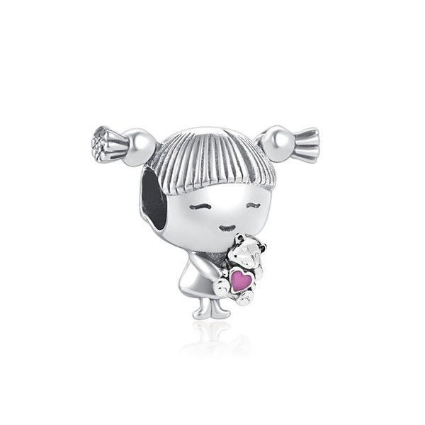 Little Girl with Teddy Bear Bead Charm Moving Pig Tails Genuine 925 Sterlings Silver Charm Compatible to Pandora and European Bracelets