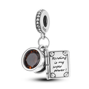 Coffee & Book Charm Brown Stone Dangle Charm Coffee Lovers Genuine 925 Sterlings Silver Charm Compatible with Pandora and European Bracelets