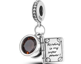 Coffee & Book Charm Brown Stone Dangle Charm Coffee Lovers Genuine 925 Sterlings Silver Charm Compatible with Pandora and European Bracelets
