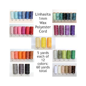 May include: A collection of 12 spools of Linhasita 1mm wax polyester cord in various colors. Each spool contains 5 yards, totaling 60 yards. Colors include blue, pink, yellow, orange, green, and brown.