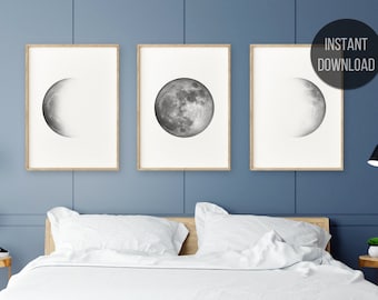 Set of 3 Moon Prints, La Luna, Wall Art, Above Bed Art, Minimalist Moon Art, La Lune Affiche, Lunar Phases Wall Art, Digital Download