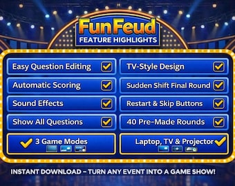 Fun Friendly Feud Game, Editable Auto-Score for Family Parties & Zoom  (Browser-Based Downloadable File)