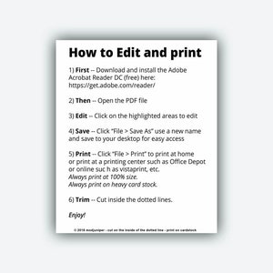 May include: White rectangular card with black text detailing instructions on how to edit and print a PDF file. The text includes steps for downloading Adobe Acrobat Reader, opening the PDF, editing, saving, and printing.
