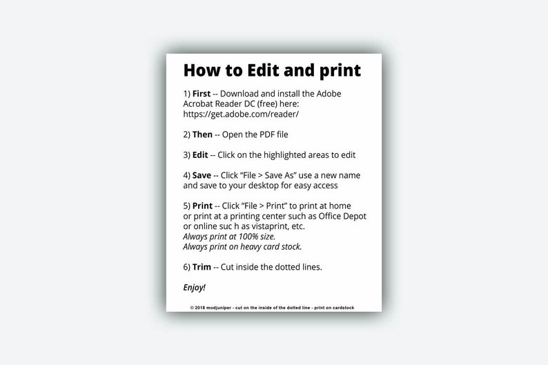 May include: White rectangular card with black text detailing instructions on how to edit and print a PDF file. The text includes steps for downloading Adobe Acrobat Reader, opening the PDF, editing, saving, and printing.