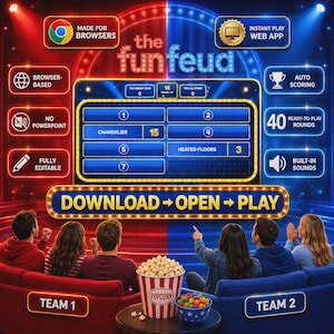 Fun Friendly Feud Game, Editable Auto-Score for Family Parties & Zoom  (Browser-Based Downloadable File)