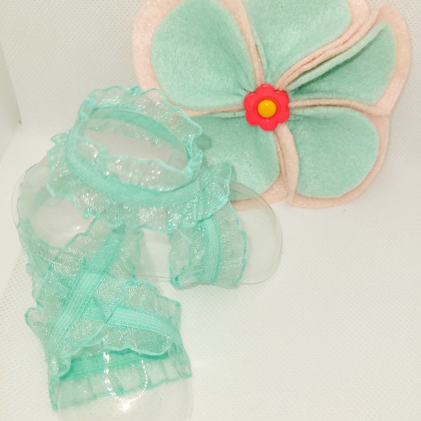 Handmade Felt Aqua Blue and Pale Pink Barefoot Sandals and Hairbow for Child 0-6 months old