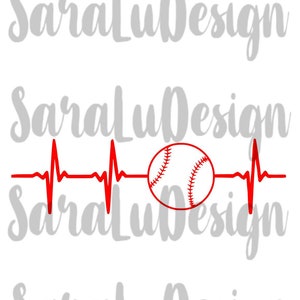 May include: Red baseball with white stitching inside a red heartbeat graphic with the text "SaraLuDesign" repeated four times.