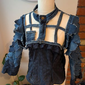 Handmade Upcycled Denim Jacket Cotton Bodice, Ethical Fashion, Reworked Vintage sustainable fashion