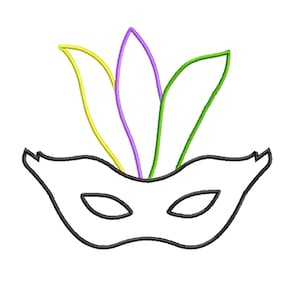 May include: A black and white outline of a masquerade mask with three feathers on top. The feathers are yellow, purple, and green.