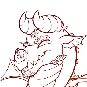 May include: A line drawing of a cartoon dragon with a red gradient. The dragon has a large head with a spiky crest, a long tail, and small wings. The dragon is standing on all fours and has a mischievous expression on its face.