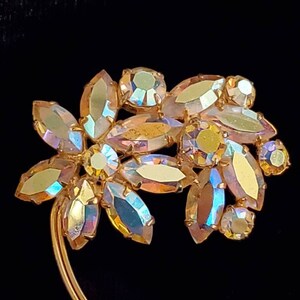 Vintage Aurora Borealis Floral Brooch, Leaf Pins, Vintage Jewelry, Old Brooches, Pins, Rhinestone Jewelry, Costume Jewelry, 50s Brooches