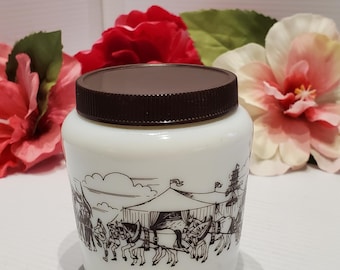 Vintage Lidded Milk Glass Marching Band Jar, Milk Glass Decor, Cold Cream Jar, White Glass Jar, Old Jar, Vanity Jar, Glass Bathroom Jar