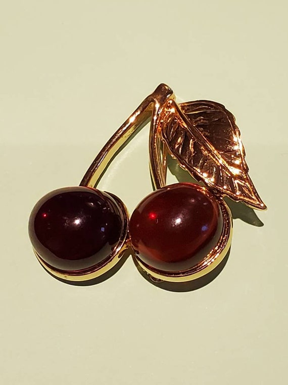 Vintage Dorlan Gold Tone Cherry Brooch, Cherry Pin