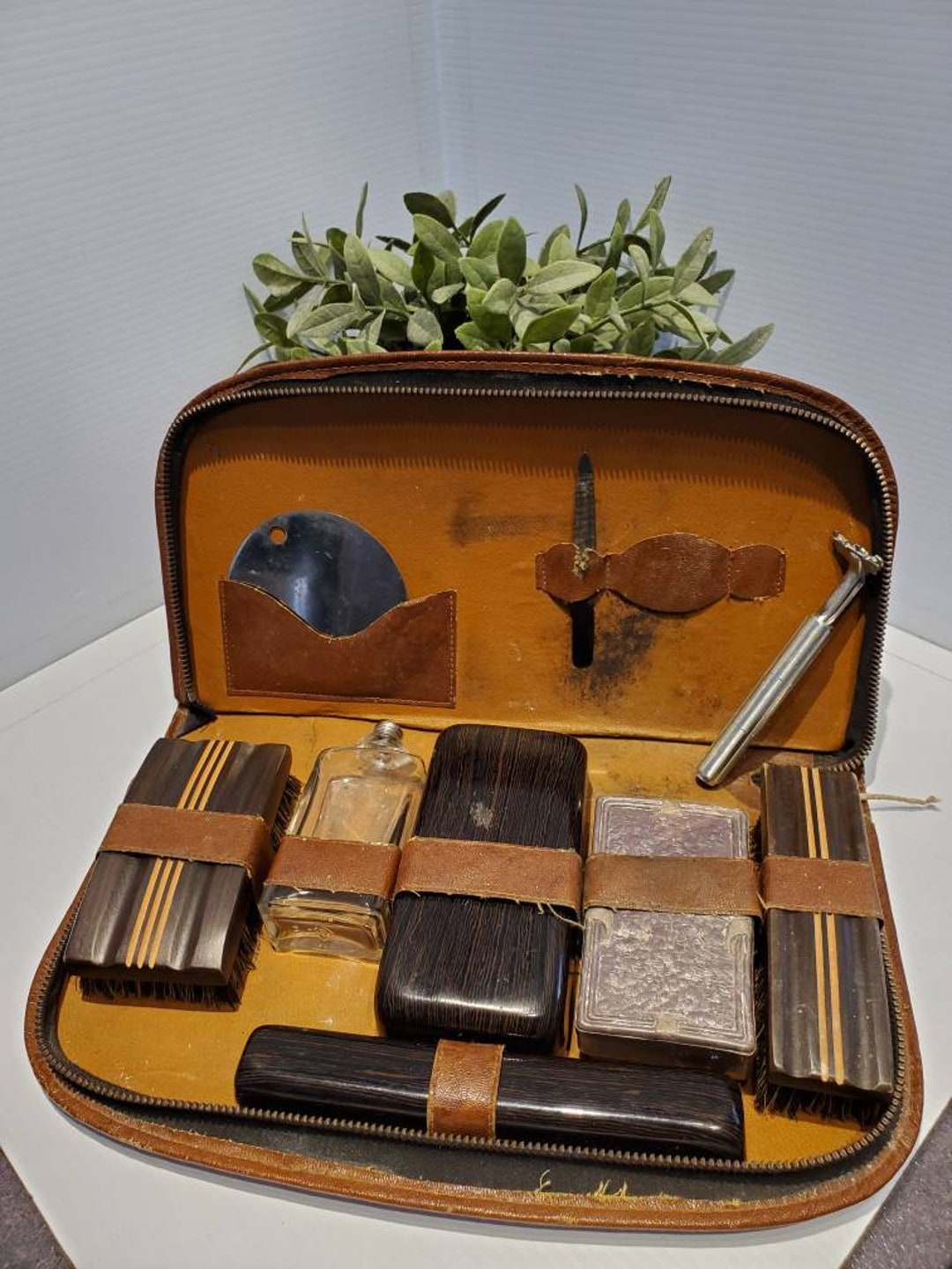 Vintage Mens Grooming Travel Kit Leather Toiletries Case Mirror, Old Mens Bathroom Travel Case