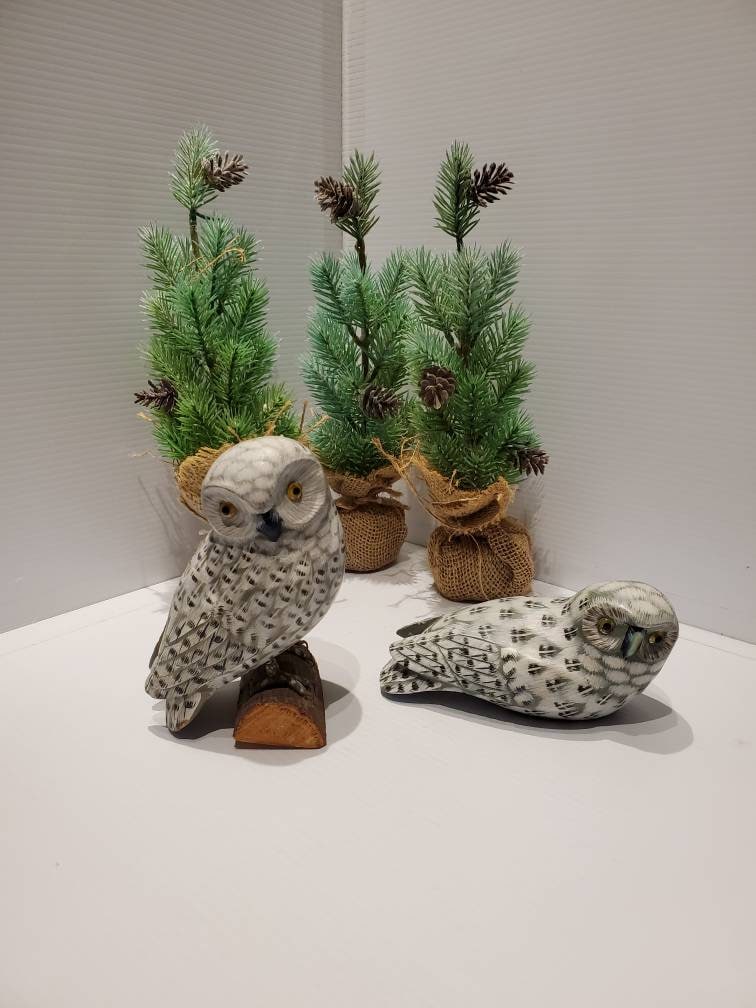 Vintage Wooden Snowy Owls, Owl Decorations, Owl Decor, Hand Carved Owls, Hand Painted Owls, Artisan