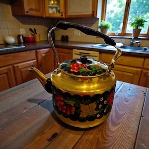 May include: A gold-colored metal teapot with a black handle and spout. The teapot is decorated with a floral design in red, green, and white against a black background. The teapot is sitting on a wooden table.