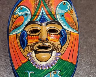 ビンテージ タラベラ メキシコ陶器壁掛けマスク、花柄メキシコ鳥マスク