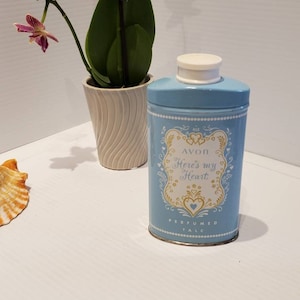 Vintage Avon Talc Powder Tin, Heres My Heart, Avon Collectibles, Avon Toilettries, Vtg Avon Beauty Products, Old Avon Products, Vanity Decor