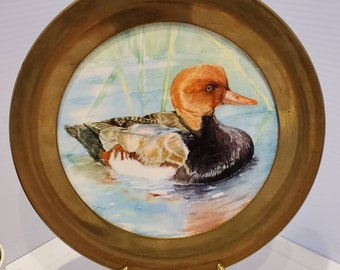 Vintage pottery Brass Duck Plate Wall Decor, Duck Decor, Hand Painted Duck Plate, Rehau Keramik West Germany, Brass Plate, Duck Collectibles