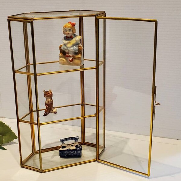 Vintage Glass And Brass Hexagon Curio Cabinent, Miniature Curio, Brass Glass Display Case, Miniature Decor Case, Miniature Display Curio