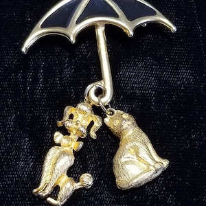 Vintage paraplu met kat en hond broche pin, gouden toon, kitsch kat hond sieraden, kat hond liefhebbers geschenken, dierlijke broches, oude broche pinnen