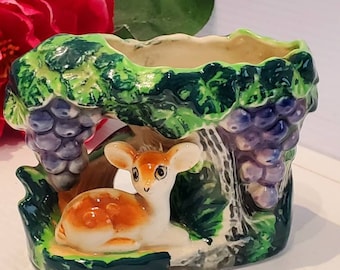 Vintage Anthropomorphic Deer Ceramic Planter, Deer Decor, Kitsch Deer Planter, Grapevine Deer Planter, Deer Plant Pot, Kitsch Fawn Planter