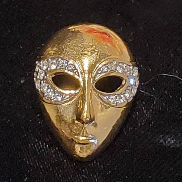 Vintage Butler Mardi Gras Mask Brooch, Fifth Ave Collection Brooch, Alien Brooch, Gold Tone Crystal Rhinestone Brooch, Drama Mask Brooch