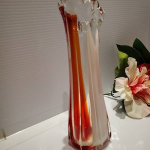 Vintage Mid Century Fingered Stretch 8.5&quot; Vase Ribbed Swung Orange And White Vase, 60s Glass Vases, MCM Decor, Groovy Vases, 60s Retro Decor